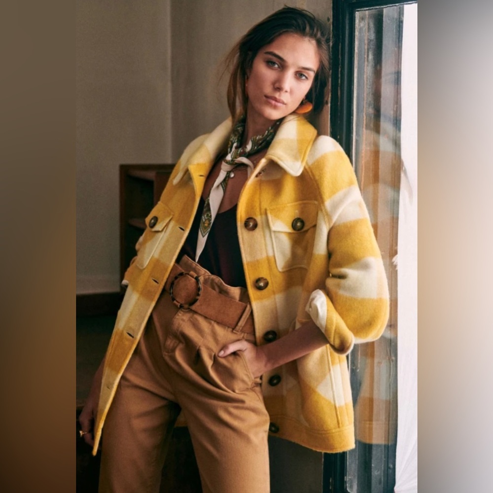 NWOT Sezane Alda plaid coat yellow tiles check oversize look SZ40 US8  bust48 in